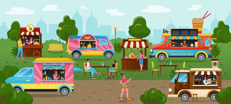 Street food. Park fair with meal festival event. City marketplace. Outdoor shops. Coffee and ice cream trucks. People eat takeaway snacks. Fastfood van. Vector tidy cartoon illustration