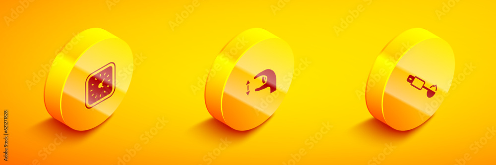 Poster set isometric clock, approximate measurements and measuring spoon icon. vector