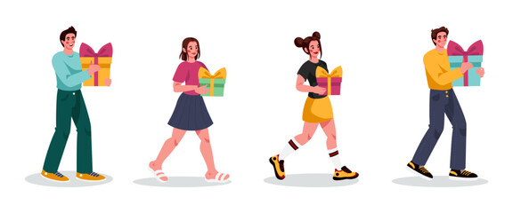 Friends carry gifts. Character group with present box, people walking and buying goods, persons on sale. Giveaway winners. Happy party men and women. Vector tidy illustration concept