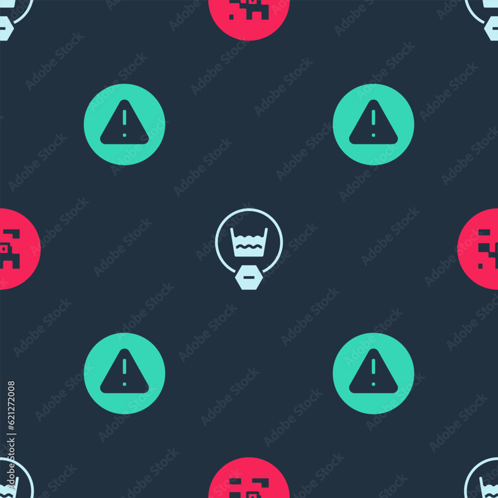 Poster set qr code, delicate wash and exclamation mark in triangle on seamless pattern. vector