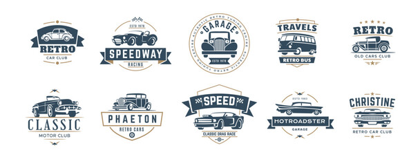 Car logo. Vintage auto emblem. Classic retro wheel. Old race with motor elements. American repair label. Automobile club badge. Transport garage. Bus travel symbol. Vector design icons set