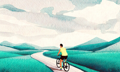 自然の中ロードバイクに乗る男性／水彩画・イラスト／Generative AI - obrazy, fototapety, plakaty