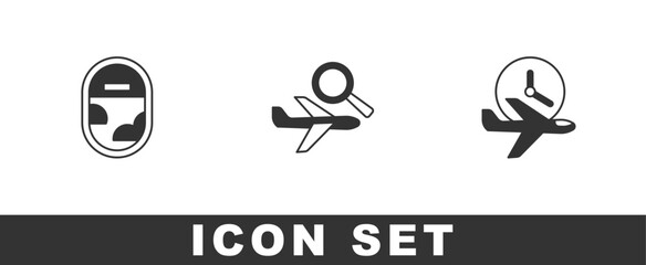 Set Airplane window, search and Flight time icon. Vector
