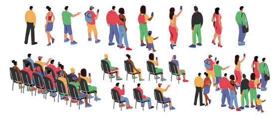 Audience back view. People crowd. Event in class. Persons sitting on chairs behind on concert. Cheering characters. Lecture spectators in auditorium. Vector illustration elements set