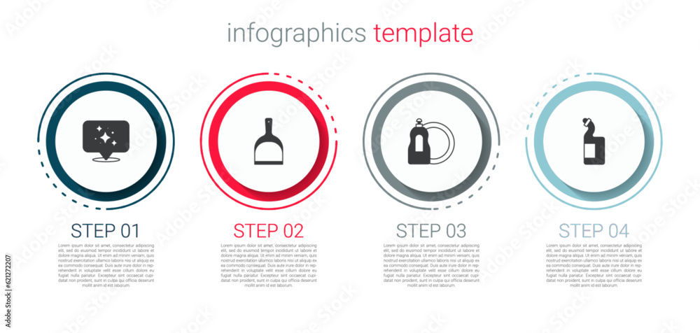 Wall mural Set Home cleaning service, Dustpan, Dishwashing liquid bottle and . Business infographic template. Vector