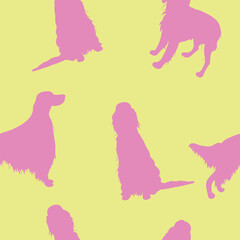 Dog silhouettes pattern fabric. Elegant, soft seamless lemon background, abstract background with Irish setter dog shapes for Dog Lovers. Pink and yellow seamless Birthday present wrapping paper.
