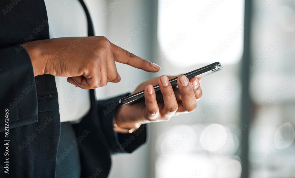 Poster closeup, employee or hands typing on a phone for social media chat, internet post or website notific