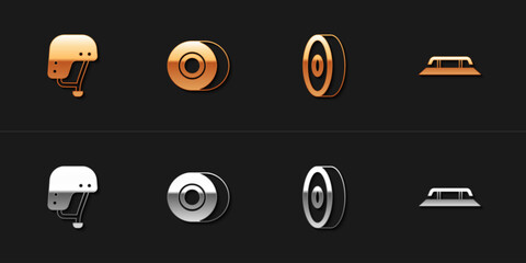 Set Skateboard helmet, wheel, ball bearing and stairs with rail icon. Vector