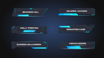 Technology futuristic lower thirds in black and neon blue colors. Sci-fi design. All texts are editable. 