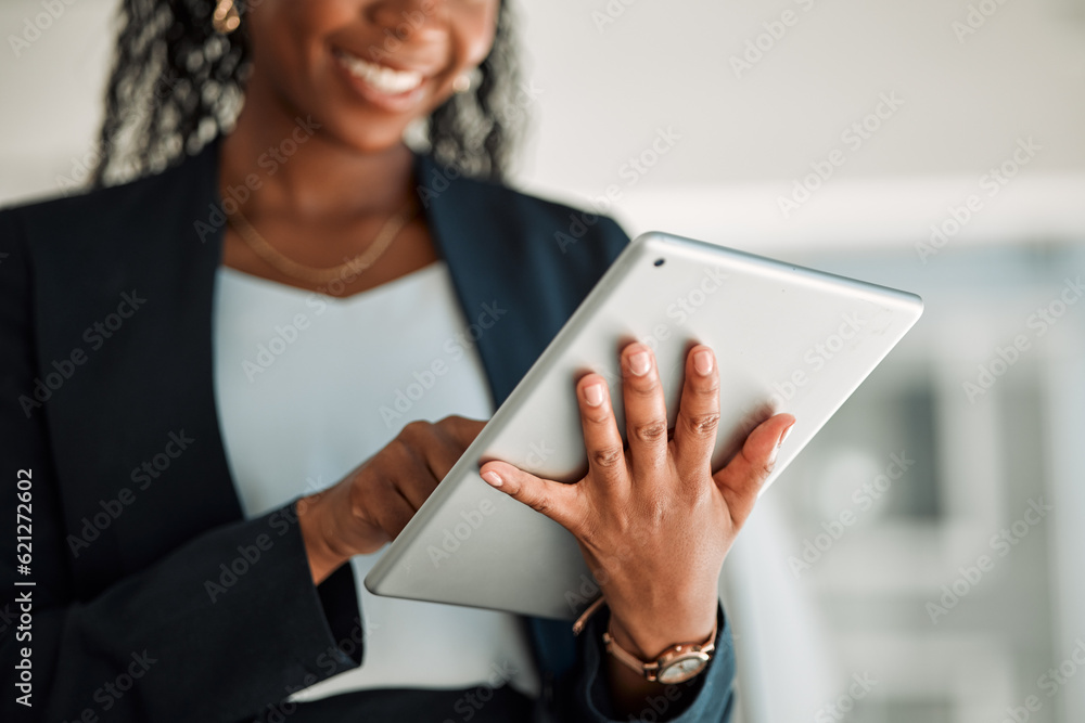 Poster Lawyer, hands and black woman with tablet in office for legal research, online app and social media. African attorney, technology and happy professional reading business email, networking or internet