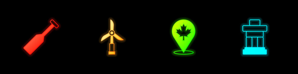 Set Paddle, Wind turbine, Canadian maple leaf and Inukshuk icon. Vector