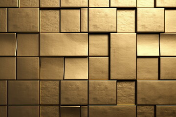 Golden mosaic background. Gold random decoration. Cubic backdrop. Geometric illustration of glossy square shapes. Architectural abstraction. Created with generative Ai