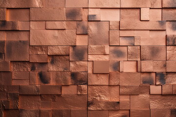 Obraz premium Copper mosaic background. Bronze random wall decoration. Cubic backdrop. Geometric illustration of glossy square shapes. Architectural abstraction. Created with generative Ai