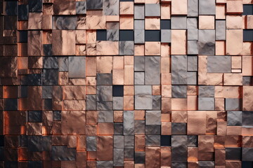 Copper mosaic background. Bronze random wall decoration. Cubic backdrop. Geometric illustration of glossy square shapes. Architectural abstraction. Created with generative Ai
