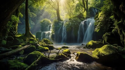 Cascade water in motion, surrounded by vibrant greenery and soft sunlight , (Generated by Ai)