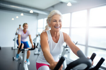 Smiling happy healthy fit slim senior woman with grey hair practising indoors sport with group of people on an exercise bike in gym.