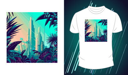 Vector futuristic graphic t-shirt design, with landscape