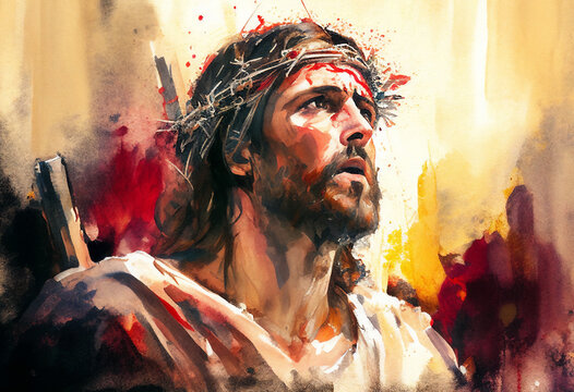 Watercolour painting of the passion of Jesus Christ at the crucifixion and before ascending to Heaven to be with God celebrated as Easter Good Friday, Generative AI stock illustration image