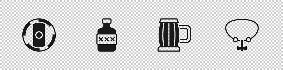 Set Shield viking, Whiskey bottle, Wooden beer mug and Necklace with gem icon. Vector