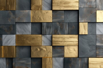 Mosaic background, gold and marble stone cubes pattern, modern shiny metal and stone blocks, tiled backdrop. Created with generative Ai
