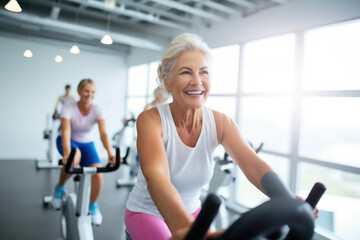 Smiling happy healthy fit slim senior woman with grey hair practising indoors sport with group of people on an exercise bike in gym. - obrazy, fototapety, plakaty