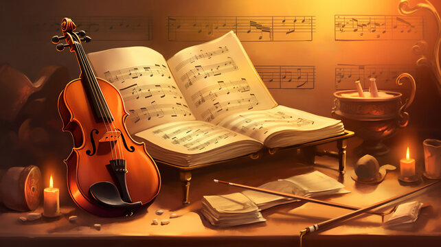 Violin and sheet music score book background with an abstract vintage retro texture which is a musical instrument used for classical music, computer Generative AI stock illustration image