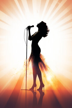 Female diva vocalist singing with a microphone which is used by a singer in a performance at a concert in a hall or club, Generative AI stock illustration image
