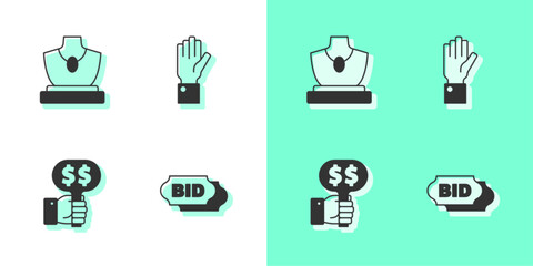 Set Bid, Auction jewelry sale, Hand holding auction paddle and icon. Vector