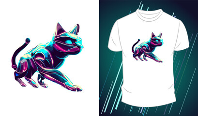 Vector futuristic graphic t-shirt design, with cat