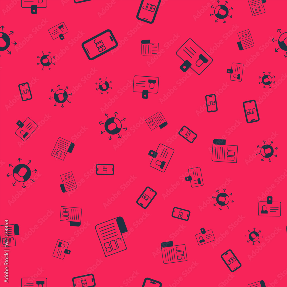Aufkleber set search job, multitasking manager working and identification badge on seamless pattern. vector