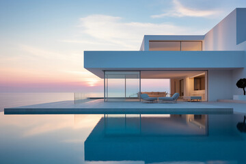 Modernist beachfront villa, pristine white walls, contrasting with azure sea, infinity pool in foreground, golden sunset lighting, minimalistic architecture - Powered by Adobe