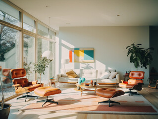 Mid - century modern interior living room, sunken seating area, open - concept, clean lines, contrasting vibrant colors, geometric patterns, Eames chair, golden hour light from large windows - obrazy, fototapety, plakaty