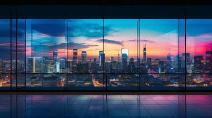 Ultra - wide panoramic view of a modern glass skyscraper reflecting the sunset, silhouette of the cityscape in the backdrop, neon city lights illuminating