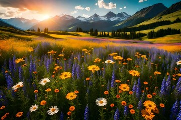 A colorful field of wildflowers with a mountain backdrop - obrazy, fototapety, plakaty