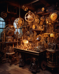 A steampunk - inspired inventor's workshop, filled with gears, cogs, and imaginative contraptions, warm candlelight