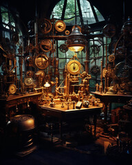 A steampunk - inspired inventor's workshop, filled with gears, cogs, and imaginative contraptions, warm candlelight