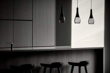 Abstract, soft focus, monochromatic photo of a minimalistic, modern kitchen interior with a breakfast bar, pendant lights, Scandinavian design, soft morning light