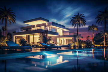 Fototapeta premium Abstract, three - dimensional view of a luxurious residential villa with minimal design, surrounded by a landscaped garden and a pool, matte finishes, night view, ambient lighting