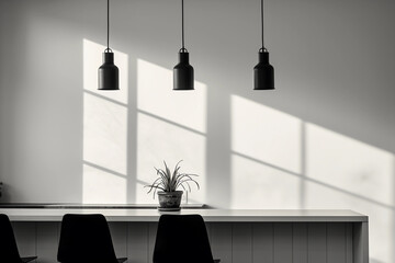 Abstract, soft focus, monochromatic photo of a minimalistic, modern kitchen interior with a breakfast bar, pendant lights, Scandinavian design, soft morning light
