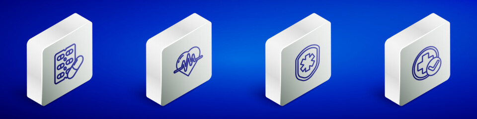 Set Isometric line Pills in blister pack, Heart rate, Medical shield with cross and Cross hospital medical icon. Vector