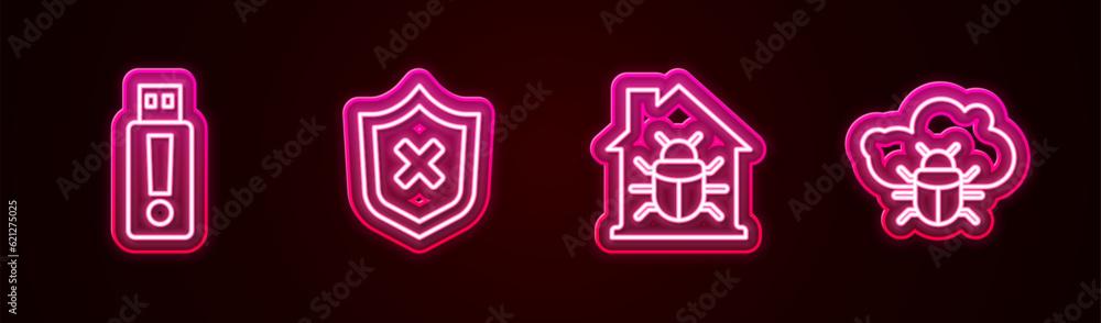 Poster set line usb flash drive, shield with cross mark, house system bug and system on cloud. glowing neon