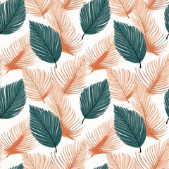 Seamless pattern of minimalist line art tropical leaves