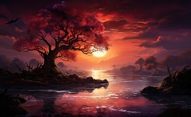 Fototapeta na wymiar the sunset is taking place over a mangrove tree