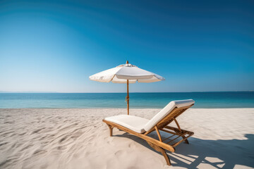 Beach chairs on the white sand beach with cloudy blue sky and sun