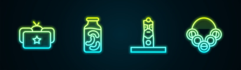 Set line Ushanka, Pickled cucumbers in jar, Slavic pagan idol and Russian bagels. Glowing neon icon. Vector