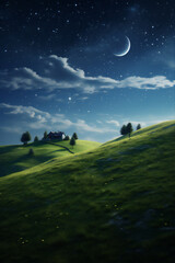 Naklejka na ściany i meble landscape of meadow hill in the night with moon, create using generative AI tools