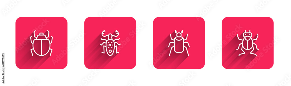 Poster set line mite, beetle deer, bug and with long shadow. red square button. vector