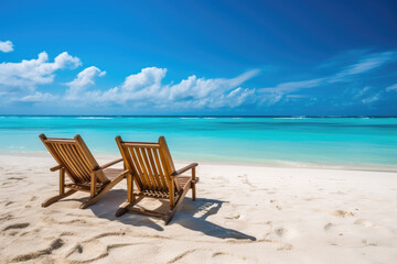 Fototapeta na wymiar Beach chairs on the white sand beach in the tropics