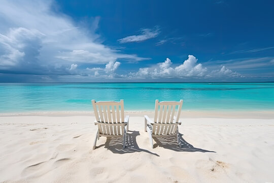 Beach chairs on the white sand beach in the tropics