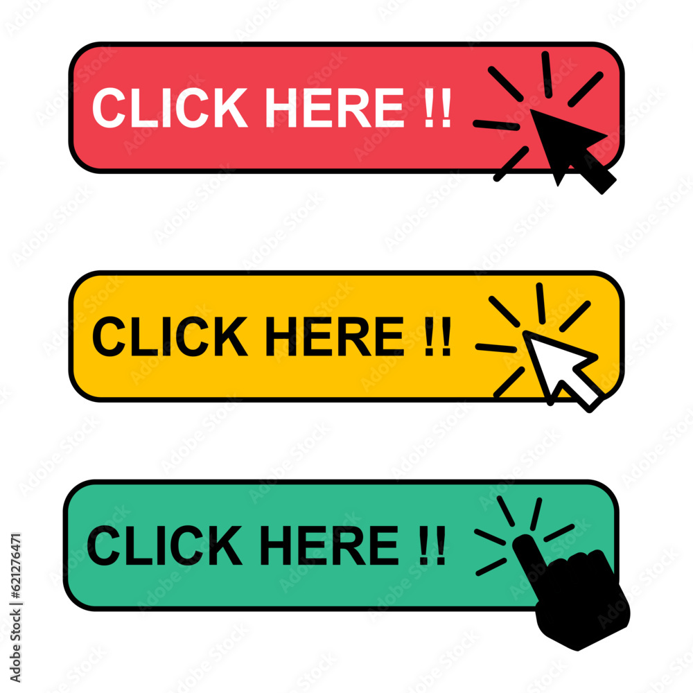 Aufkleber set of click here web button, internet flat pointer design, press link vector illustration